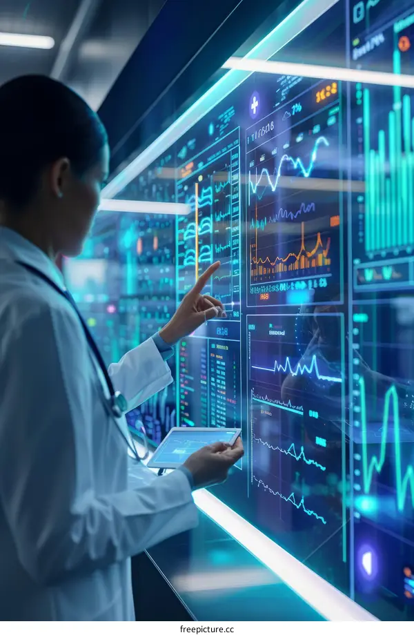 Female Doctor in Futuristic Laboratory Interacts with Digital Data Display