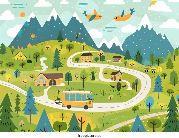 Cute Illustration Of A Winding Road Through Green Hills With A Yellow Bus
