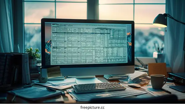 A computer screen with a spreadsheet and a to-do list on a desk with a lamp, books, papers and a coffee cup