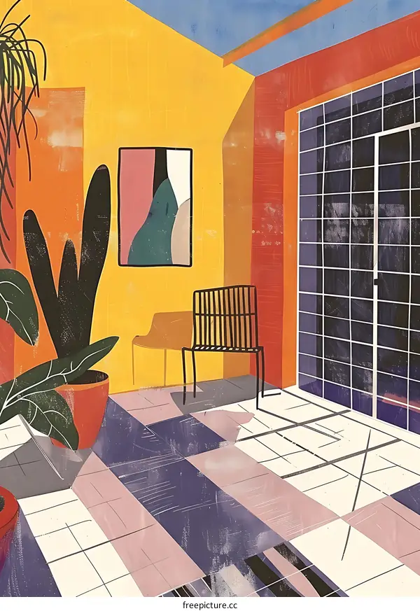 Abstract Illustration of a Modern Interior With a Chair and Plant