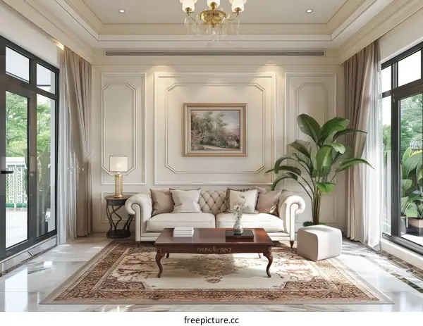 Bright and Spacious Modern Living Room with Sofa and Carpet