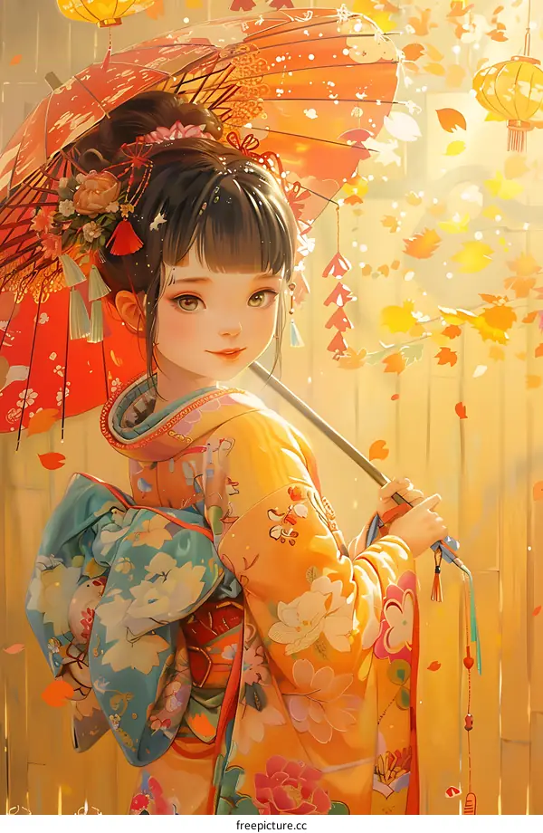 A Japanese girl in a kimono holding an oil-paper umbrella walking in a street with falling autumn leaves