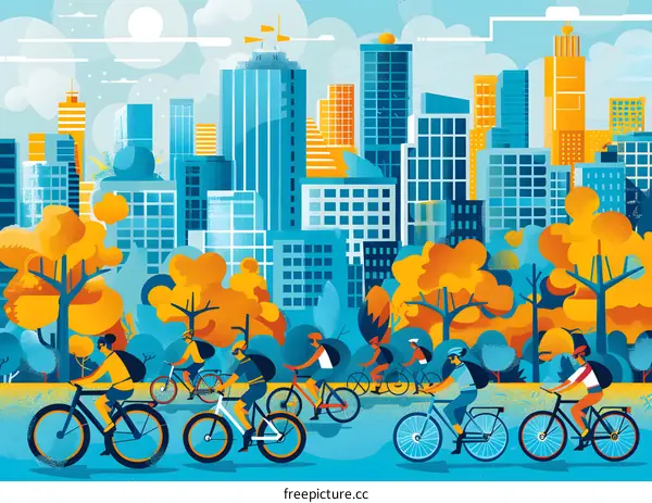 Cityscape with People Riding Bikes in the Park