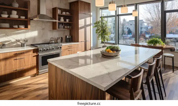 Kitchen island with wood base and white marble top