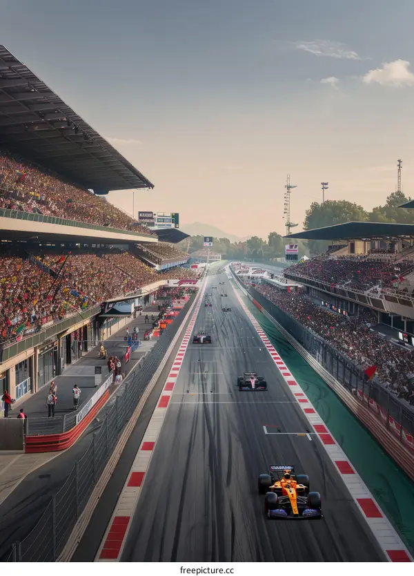 Formula One cars racing on a track with people in the stands