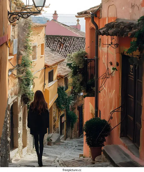 Woman Walking Up Cobblestone Street in European Town