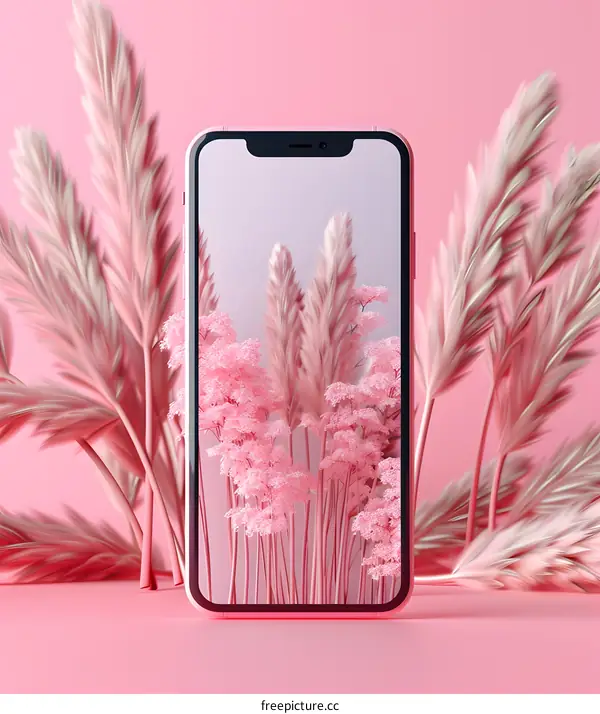 Pink Mobile Phone with Pink Grass Background