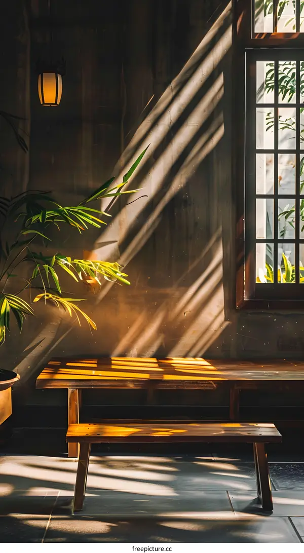 Sunlight Streaming Through Window Onto Wooden Bench