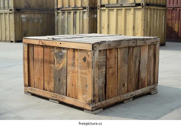 An open wooden crate sits on a concrete surface with a stack of shipping containers in the background