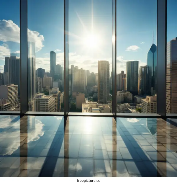 A view of the city from a skyscraper with large windows