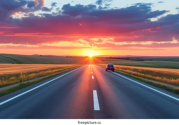 Car driving on a rural road at sunset