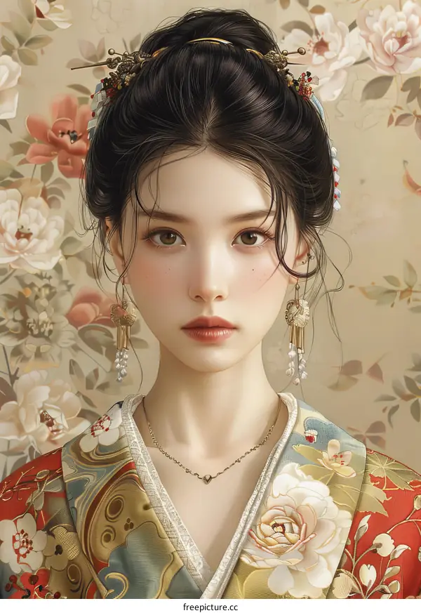 Beautiful Asian Woman in Traditional Dress with Floral Background