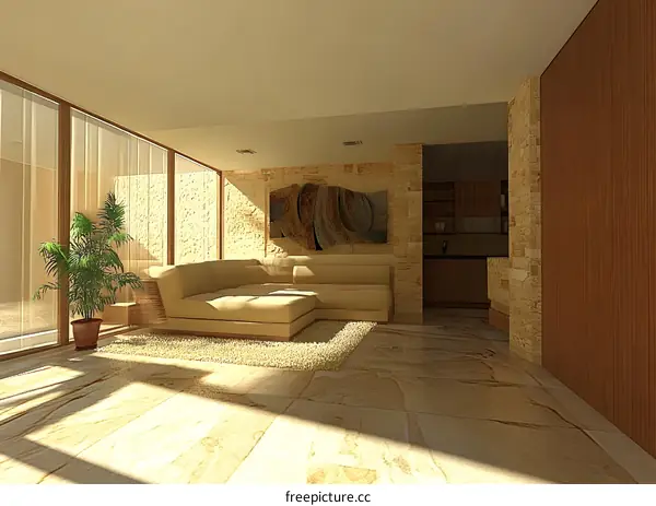 Modern Living Room Interior Design with Beige Couch and Stone Wall