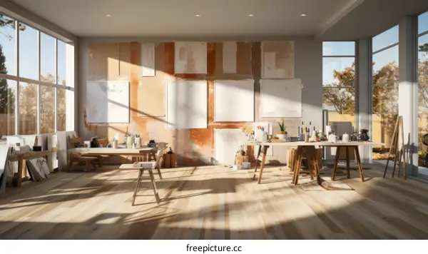 An art studio with large windows and wooden floor