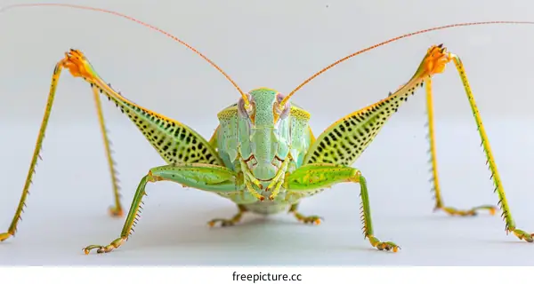 Green and Yellow Katydid Perched on a White Surface