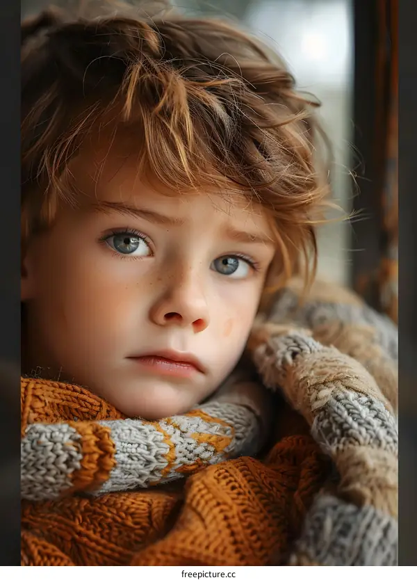 Young Boy with Red Hair Looking Out Window