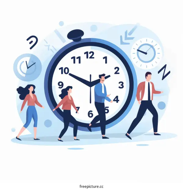 People walking past a clock