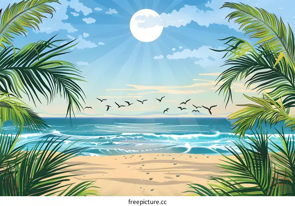 Tropical Beach Scene with Palm Trees and Ocean
