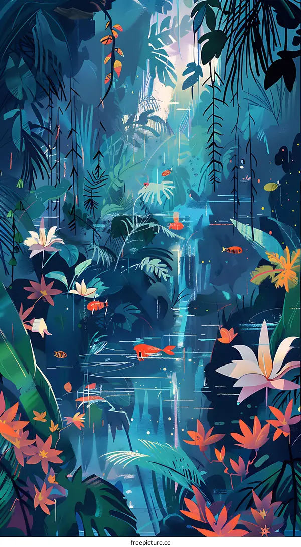Tropical Forest Illustration with Waterfall and Fish