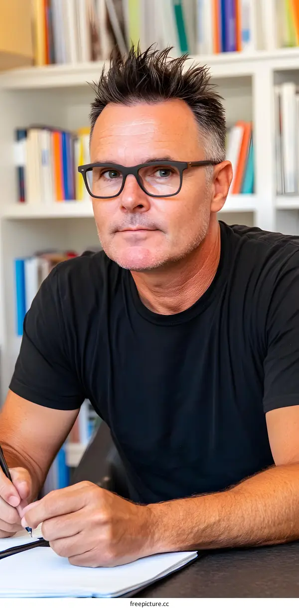 Man in Black T-Shirt Writing in Notebook
