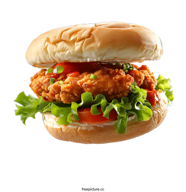 [Transparent Background PNG]Crispy Chicken Burger with Tomato and Lettuce on White Background