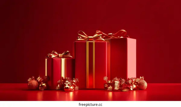 Stacked Red Christmas Gift Boxes with Golden Ribbons