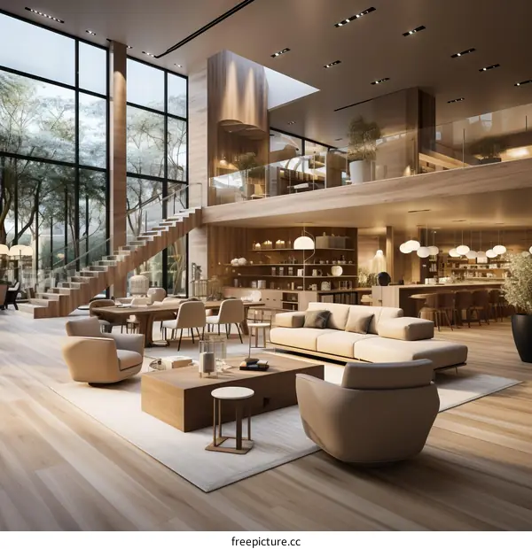 A modern living room with a large glass window and a wooden staircase