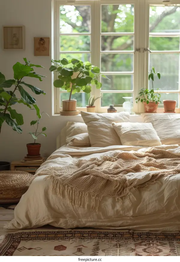 A cozy bedroom with a big window and lots of plants