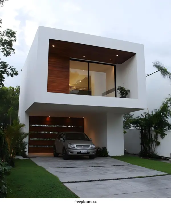 Modern White House With Wooden Accents and Garage