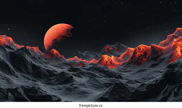 Lava planet landscape with a large moon