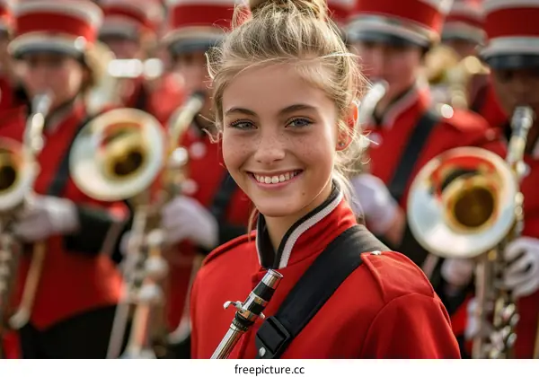 High school marching band member playing the saxophone
