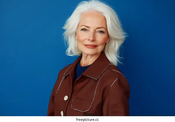 Stylish Senior Woman Portrait Against Blue Background