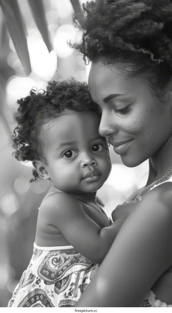 A black and white photo of a mother and her child