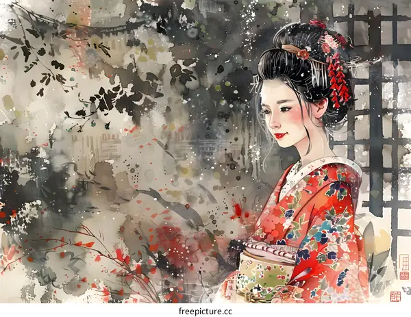 A beautiful Japanese woman in a red kimono standing in a snowy forest