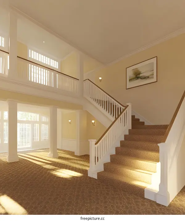 Staircase and Balcony in a White and Yellow Room