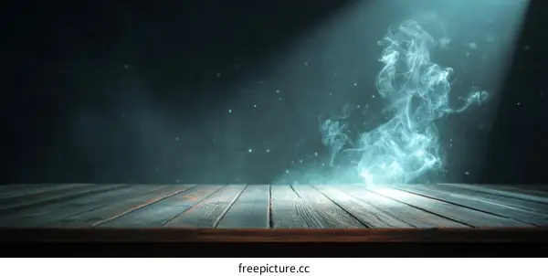 Empty Wooden Table Top with Mystical Light and Smoke Effect