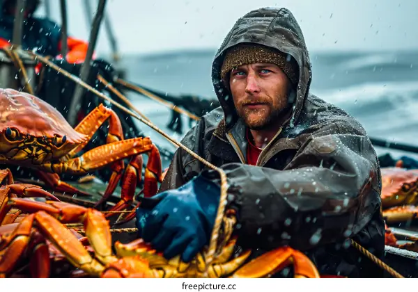 A fisherman covered in rain gear holds a crab in his hands