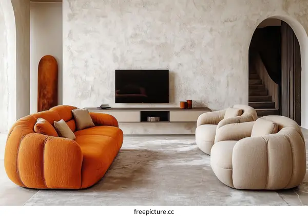 Modern Living Room Furniture Set with Orange Sofa and Beige Armchairs
