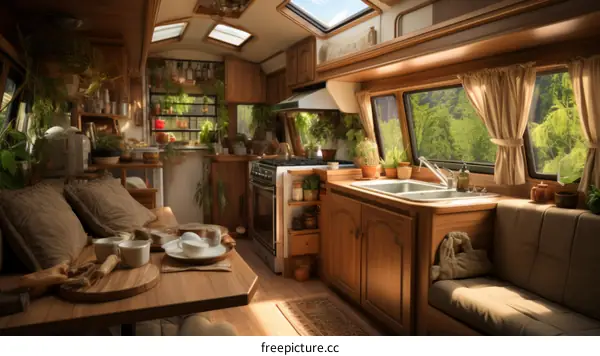 Cozy Camper Van Interior with Natural Elements