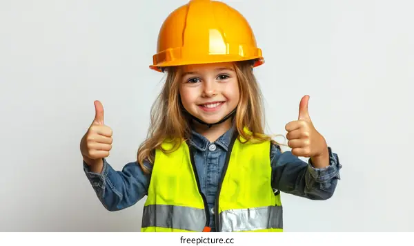 Smiling Girl in Construction Safety Vest and Hard Hat