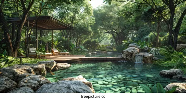 Courtyard with lush tropical plants and a swimming pool