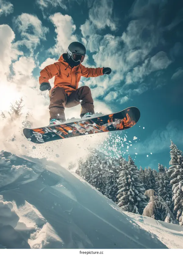 Man in orange jacket snowboarding down a snowy mountainside