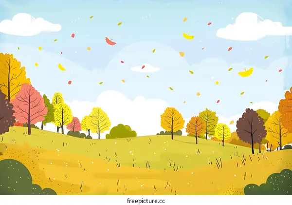 Autumn Landscape Illustration With Falling Leaves