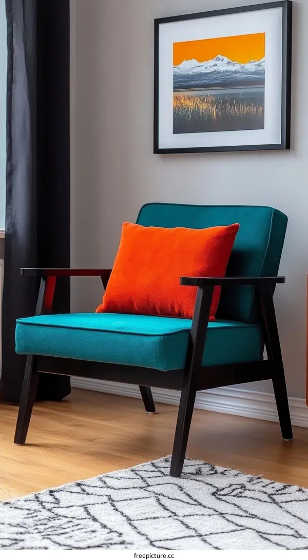 Teal armchair with orange cushion in a modern living room