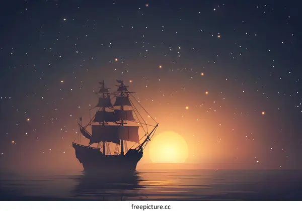 Silhouette Of A Ship Sailing On The Sea At Sunset