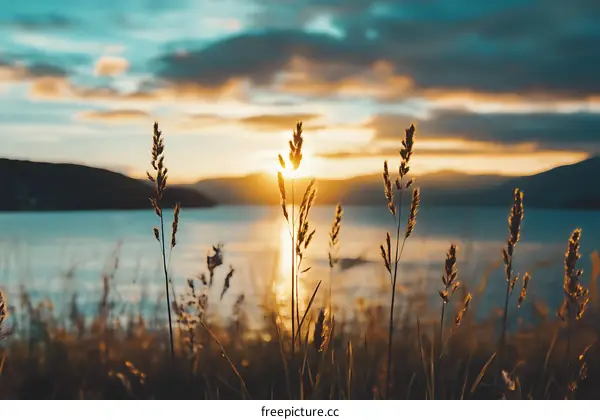 Sunset Over Grass and Water with Sun Glowing Through