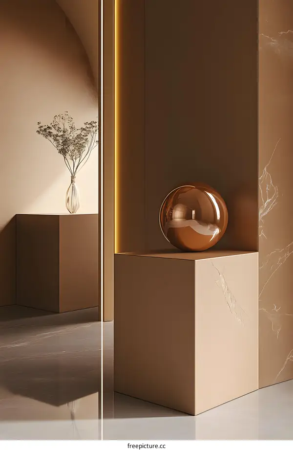 Minimalist Interior Design with Golden Sphere and Dried Flowers