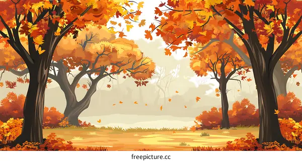Autumn Forest Illustration With Orange And Yellow Leaves