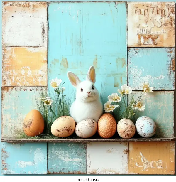 Easter Bunny on a Rustic Wooden Shelf