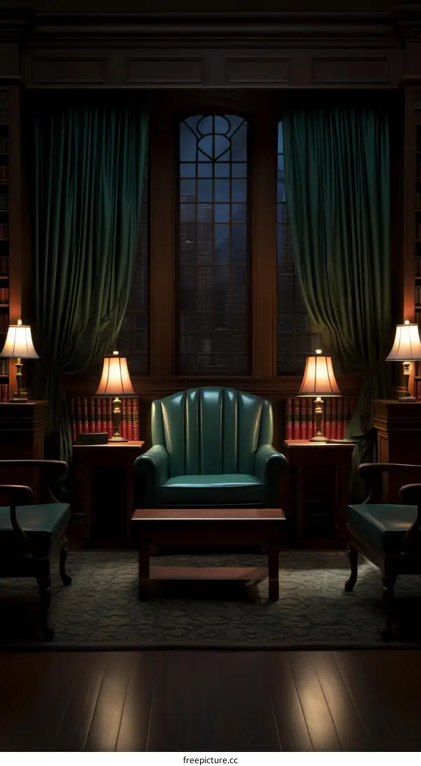 An empty library with a green armchair in the center